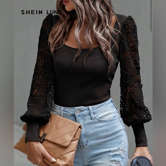 SHEIN Tops - SHEIN Black Crochet Sleeve Blouse
